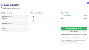 Creative Fabrica Studio AI pricing showing 25,000 coins and yearly billing