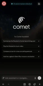 Comet’s home screen shows its built-in assistant suggestions and ad/tracker blocking feature.