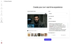 Runway Characters setup page with uploaded character image and voice settings