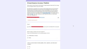 Dreambeans access waitlist form showing country selection and limited U.S. availability notice